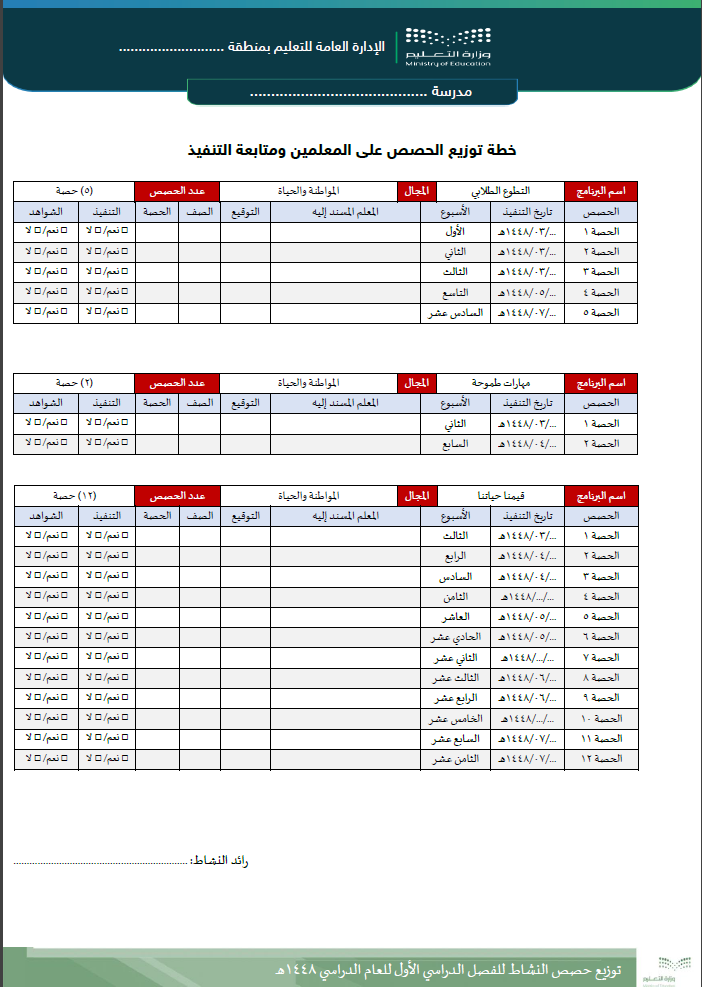 سجل توزيع حصص النشاط ومتابعة التنفيذ